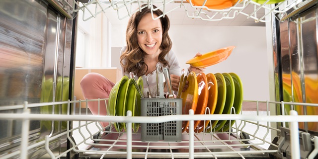 Woman With Plate View From Inside The Dishwasher
